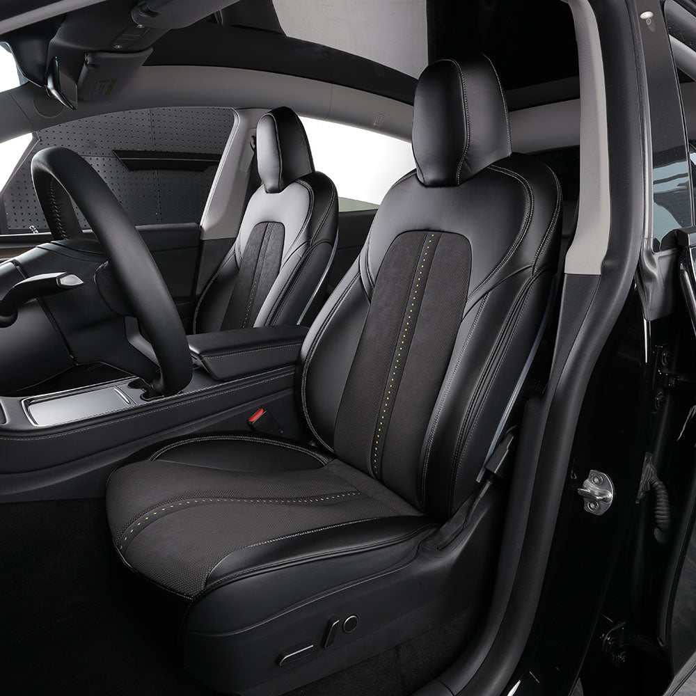 Custom Fit Airbag Compatible Antibacterial Black Nappa Leather Mottled Fabric Invisible Car Seat Covers For Tesla Model