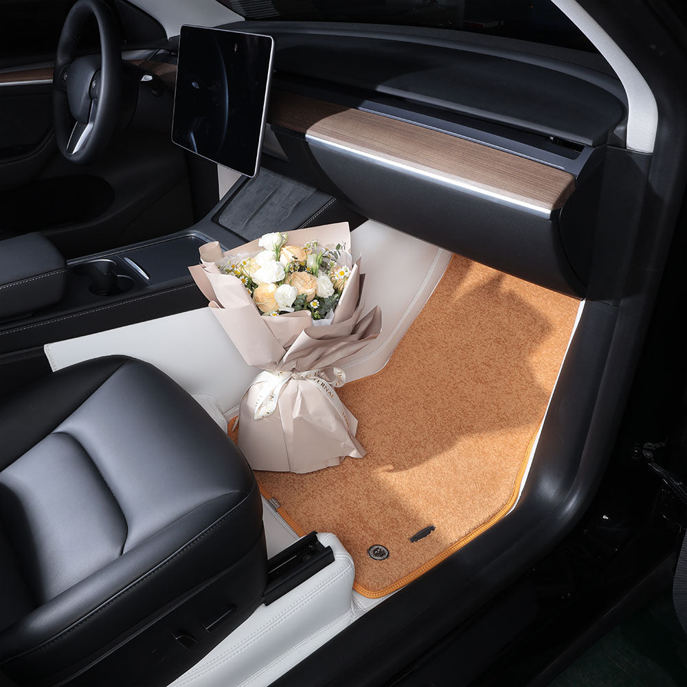 Custom Fit Waterproof and Wear Resistant Double Layer Leather Car Floor Mat With Nylon Carpet for Tesla