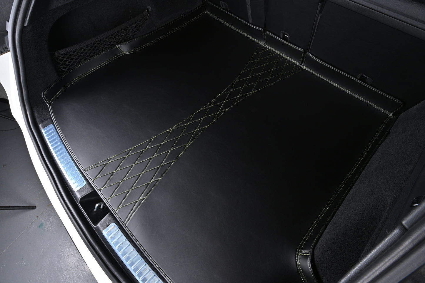 Custom Fit Luxury Trunk Mat for SUV Black Leather Cargo Liner with Green Stitching