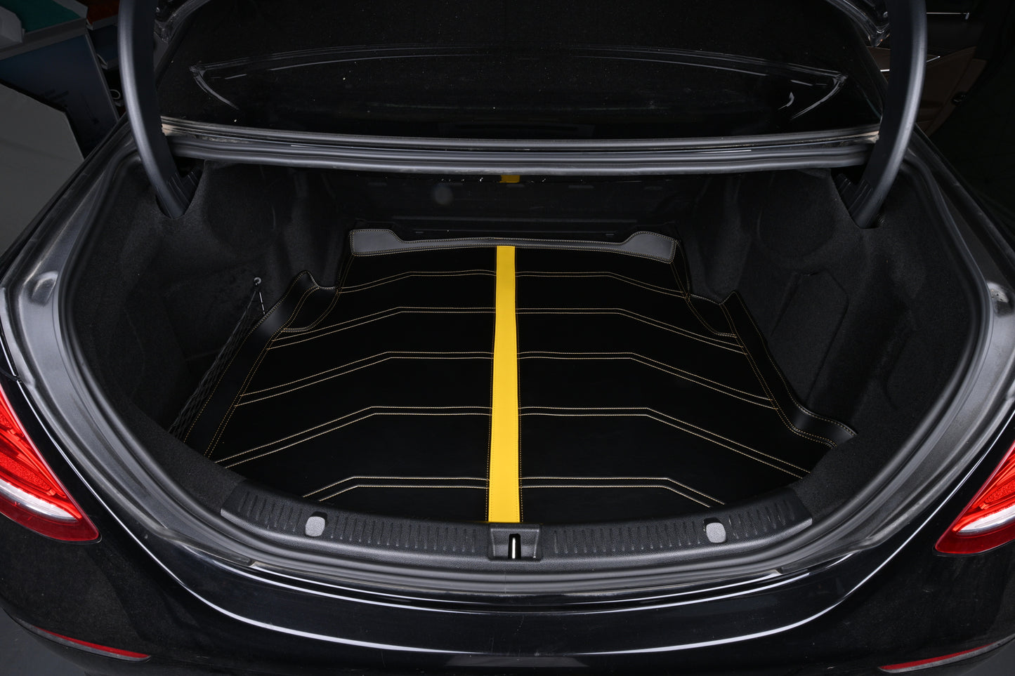 Custom Fit Luxury Trunk Mat for SUV Black Leather Cargo Liner with Yellow Stripe Stitching