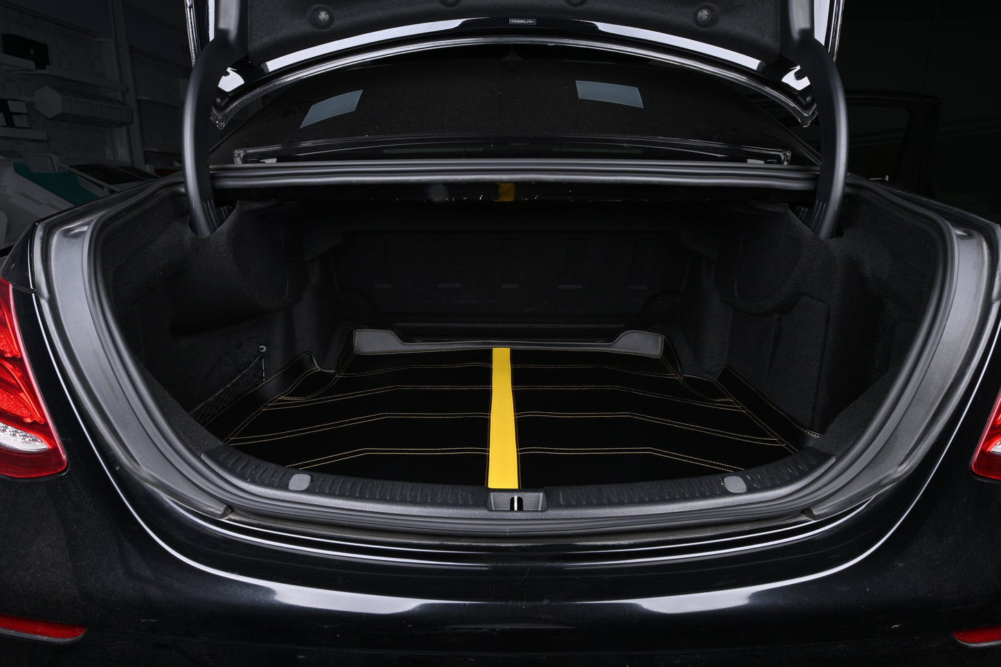 Custom Fit Luxury Trunk Mat for SUV Black Leather Cargo Liner with Yellow Stripe Stitching