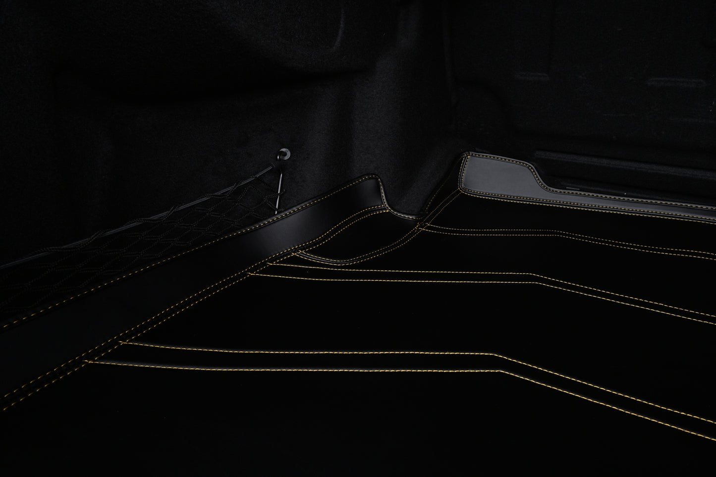 Custom Fit Luxury Trunk Mat for SUV Black Leather Cargo Liner with Yellow Stripe Stitching