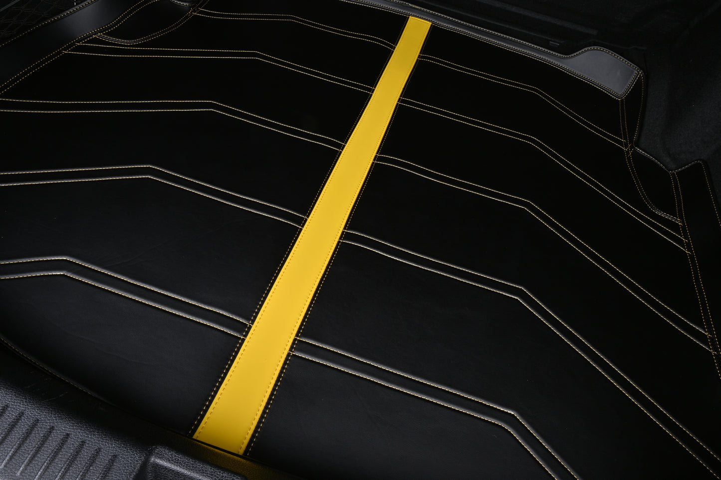 Custom Fit Luxury Trunk Mat for SUV Black Leather Cargo Liner with Yellow Stripe Stitching