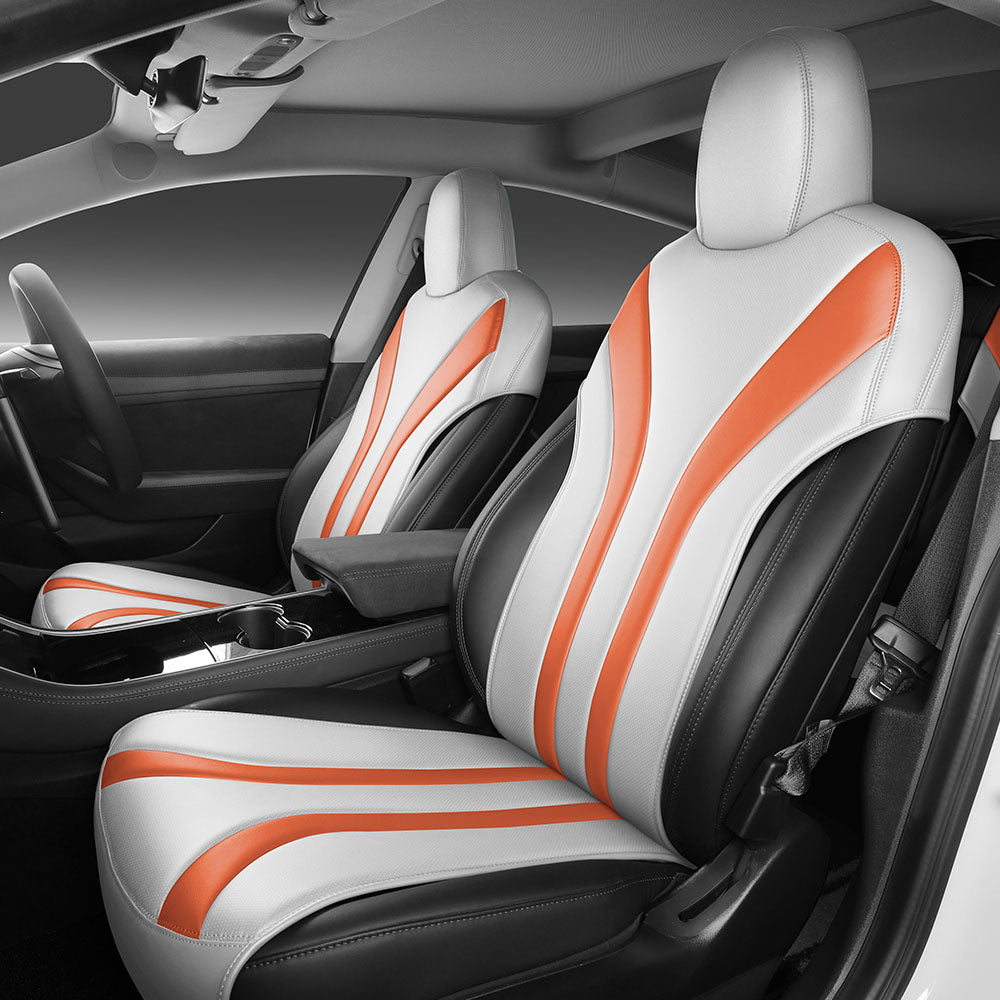 White and orange leather half coverage car seat cover