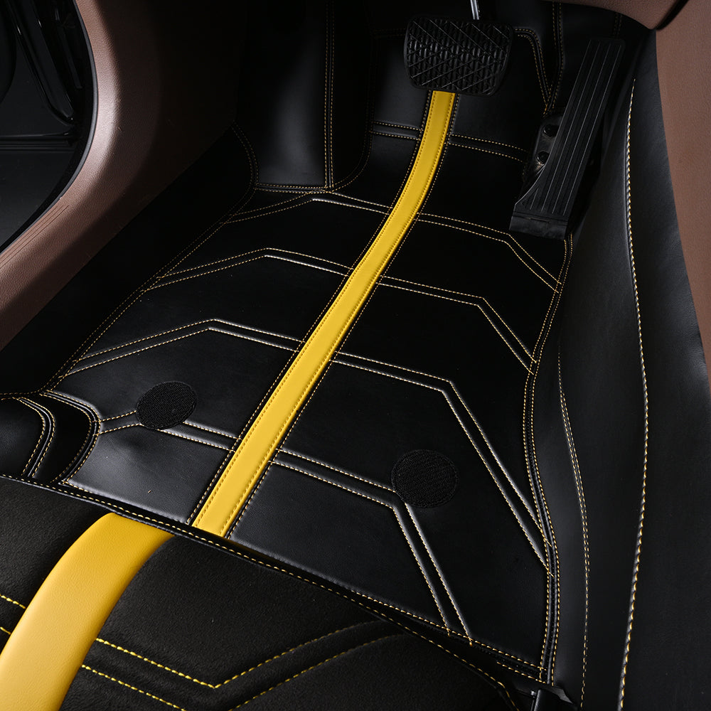 black leather with yellow striped and stitching driver car floor mat car mat for mercedes-benz