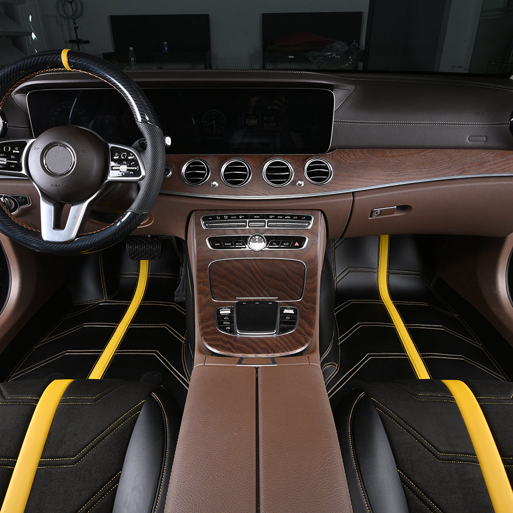 black leather with yellow striped and stitching front car floor mat car mat for mercedes-benz