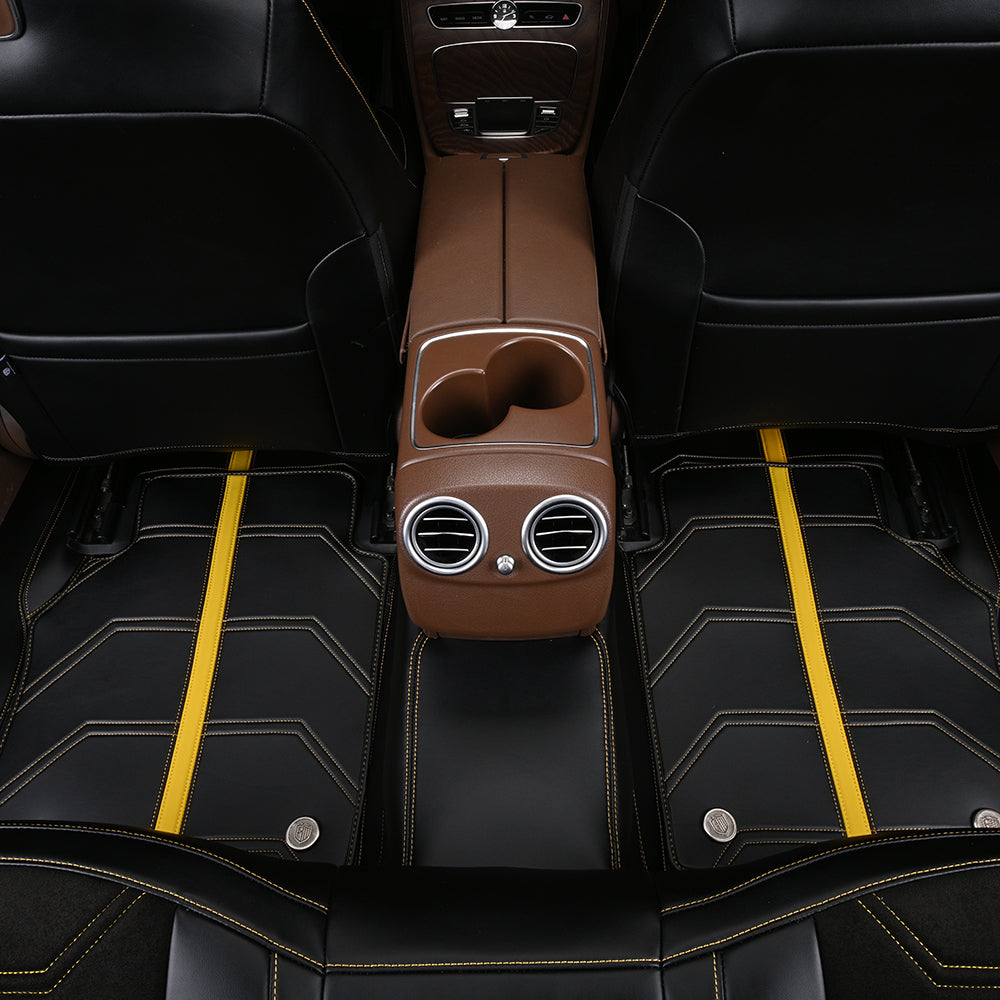 black leather with yellow striped and stitching rear car floor mat car mat for mercedes-benz