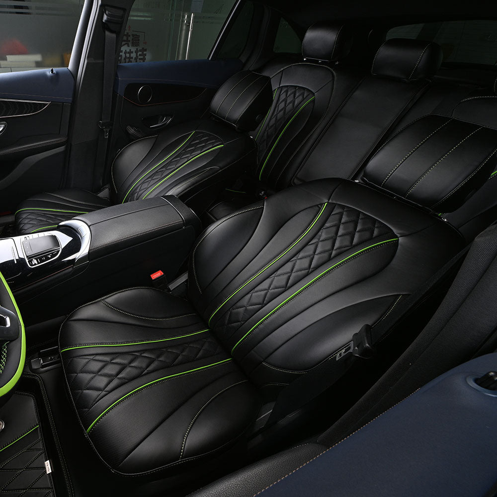 black nappa leather with green stitching and piping seat cover for car