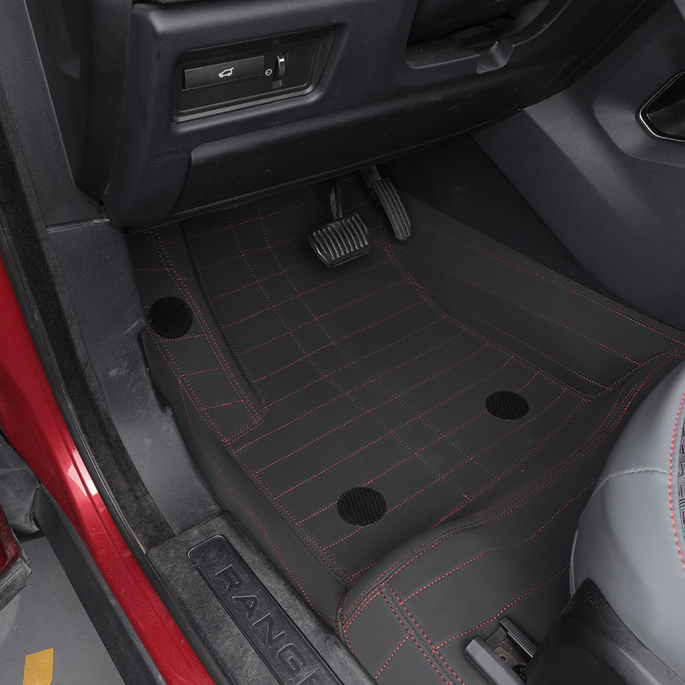 black nappa leather with red stitching car floor mat