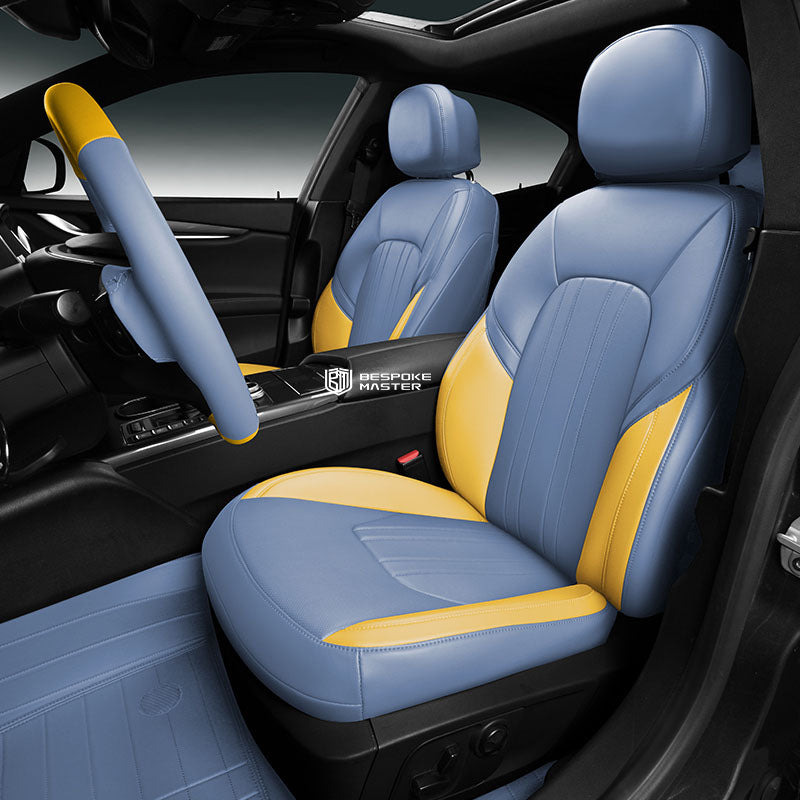 blue and yellow nappa leather car seat cover for maserati