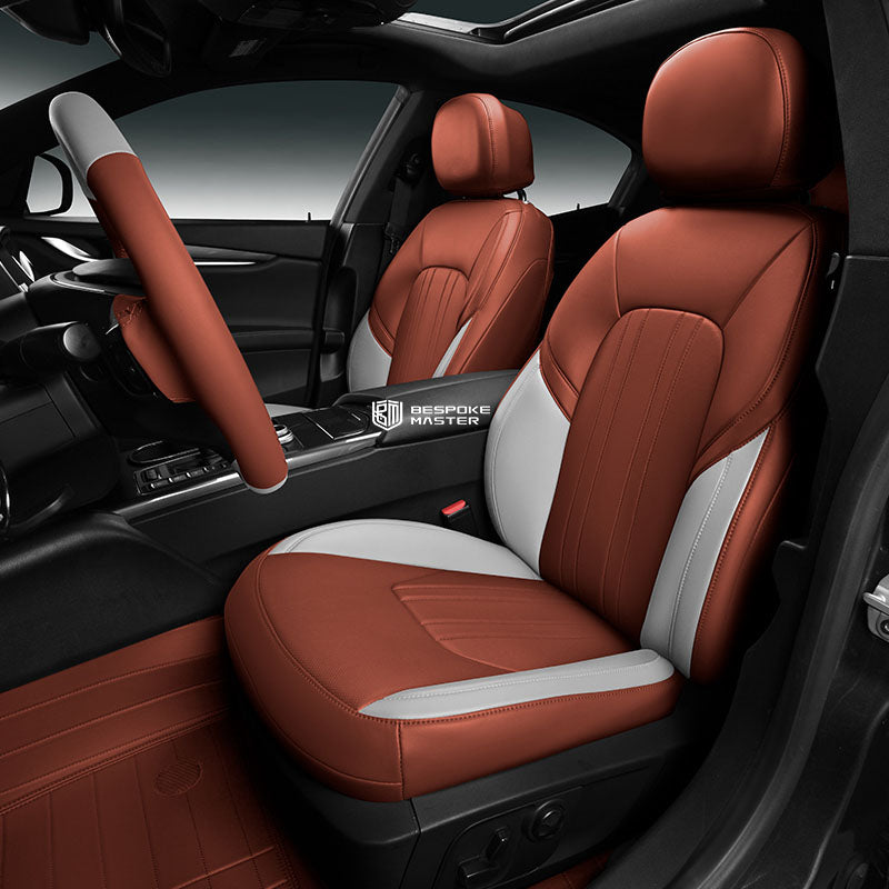 brown and white nappa leather car seat cover for maserati