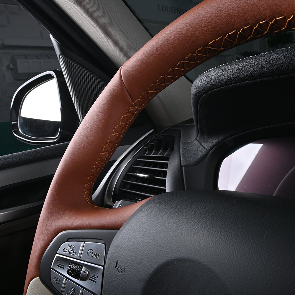 brown stitching hand-stitched car steering wheel cover