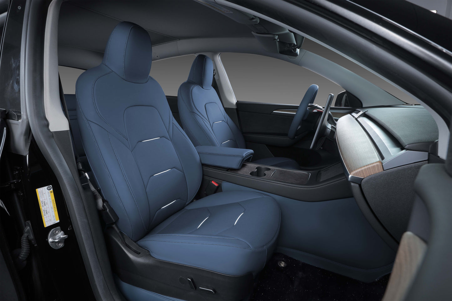 blue leather and white piping car seat covers