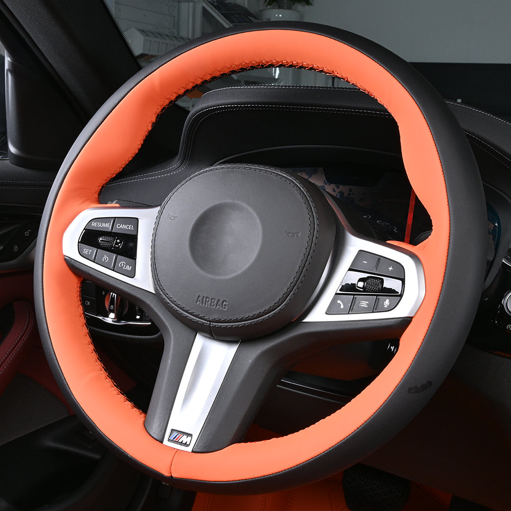 orange and black nappa leather hand-stitched customized car steering wheel cover for bmw