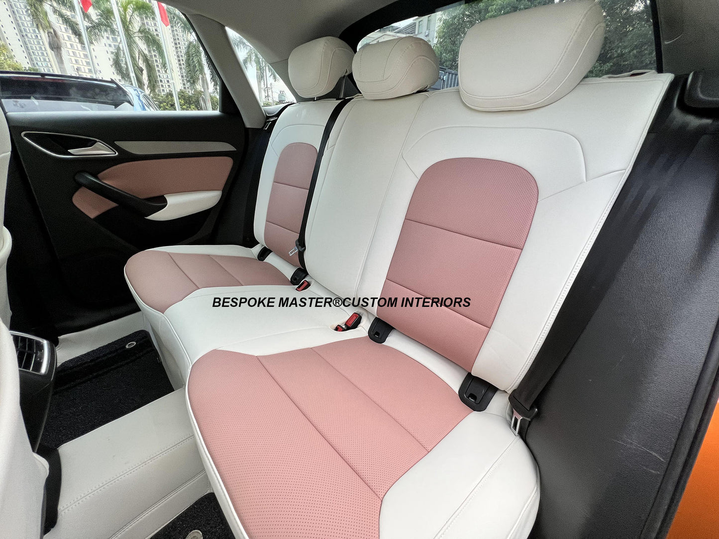 pink and white leather rear seat cover