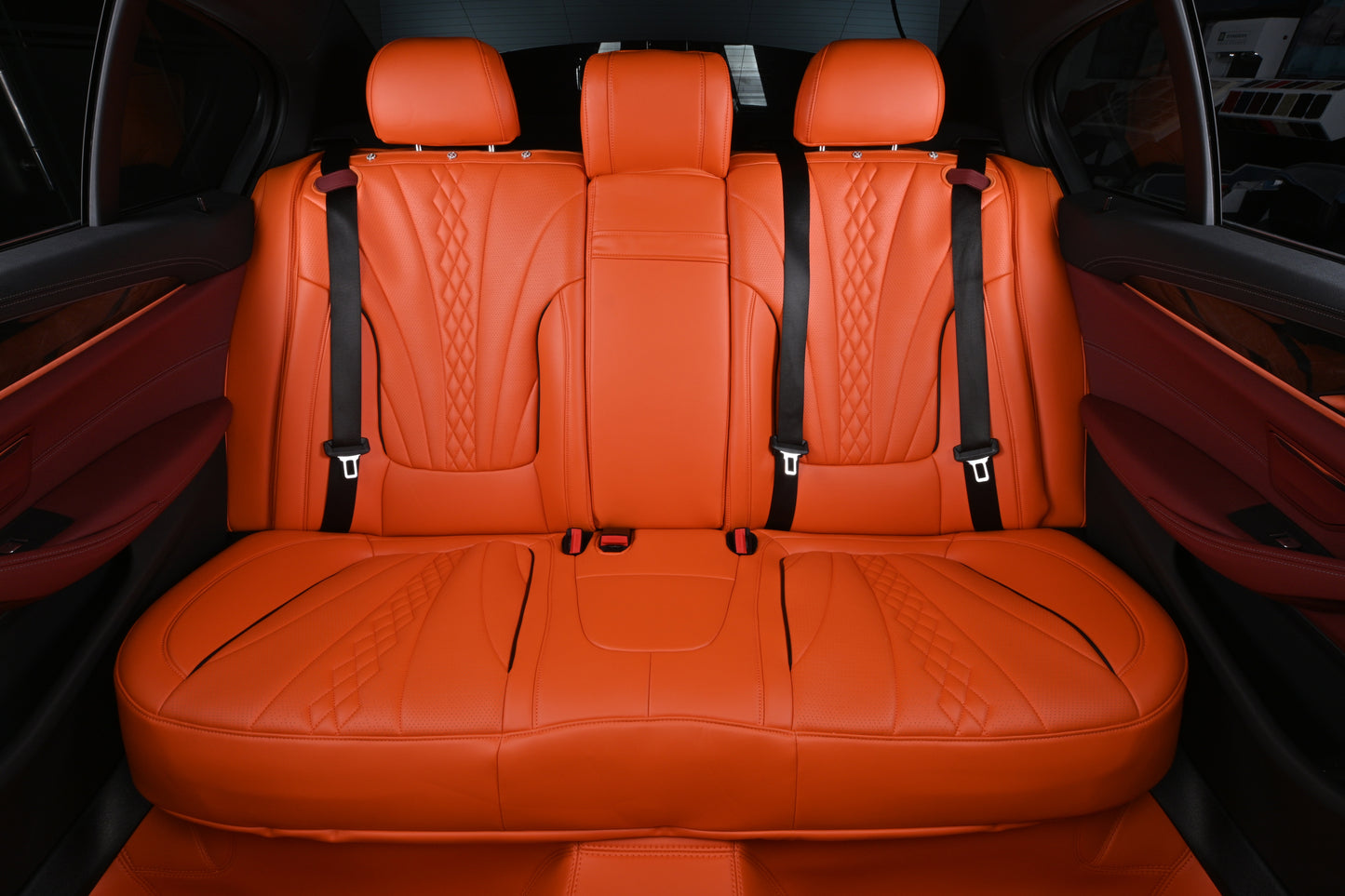 Diamond Pattern Embroidery Orange Leather Black Piping Design Car Seat Covers