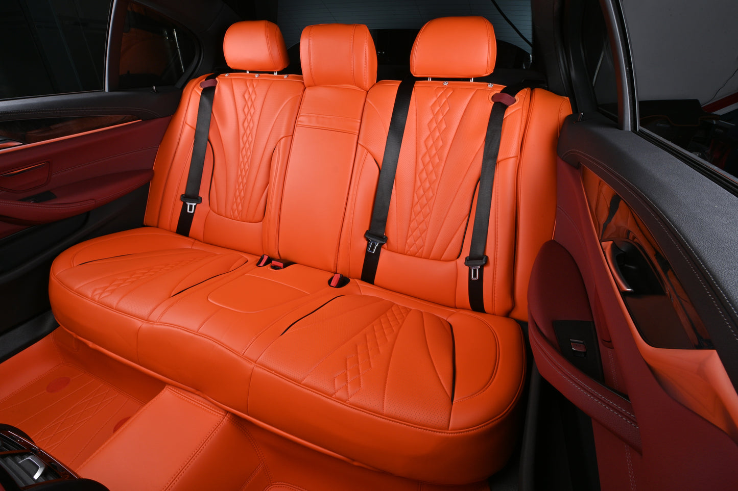 Diamond Pattern Embroidery Orange Leather Black Piping Design Car Seat Covers