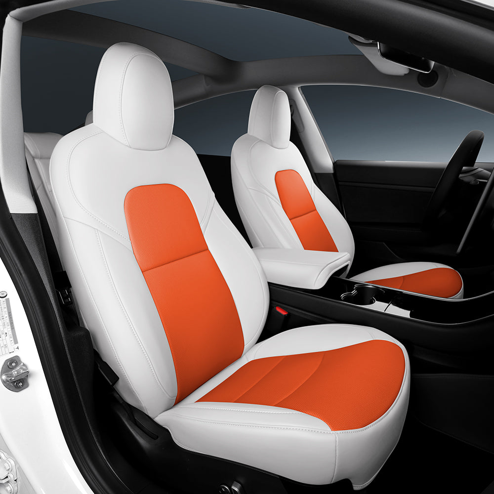 white and orange leather car seat cover for tesla