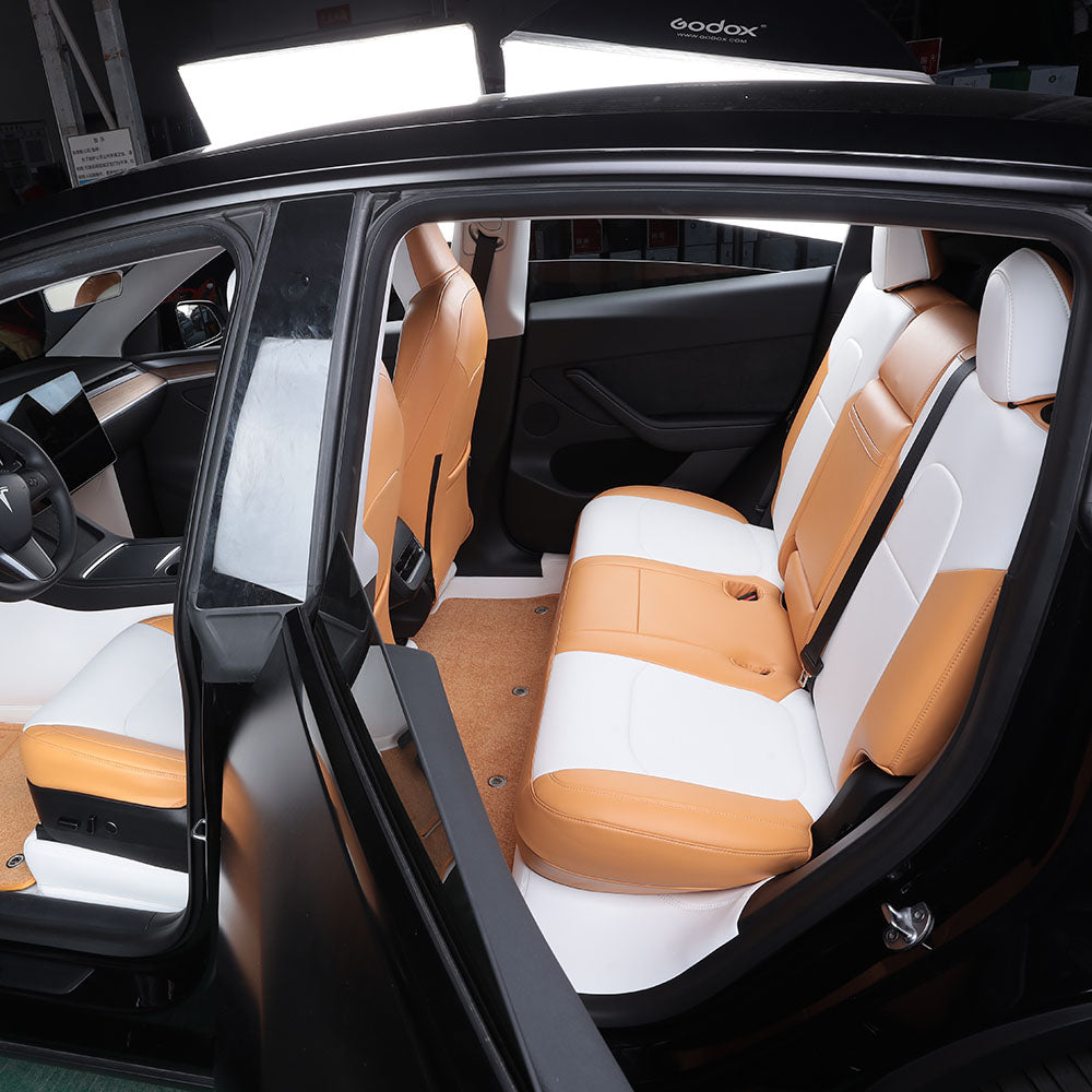white and yellow leather custom seat cover for tesla