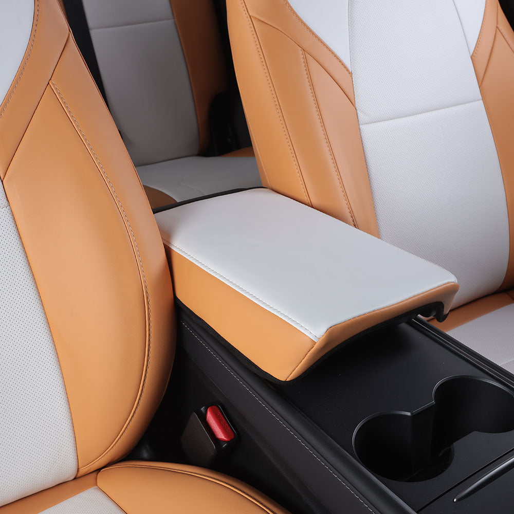 yellow and white leather armrest cover for tesla
