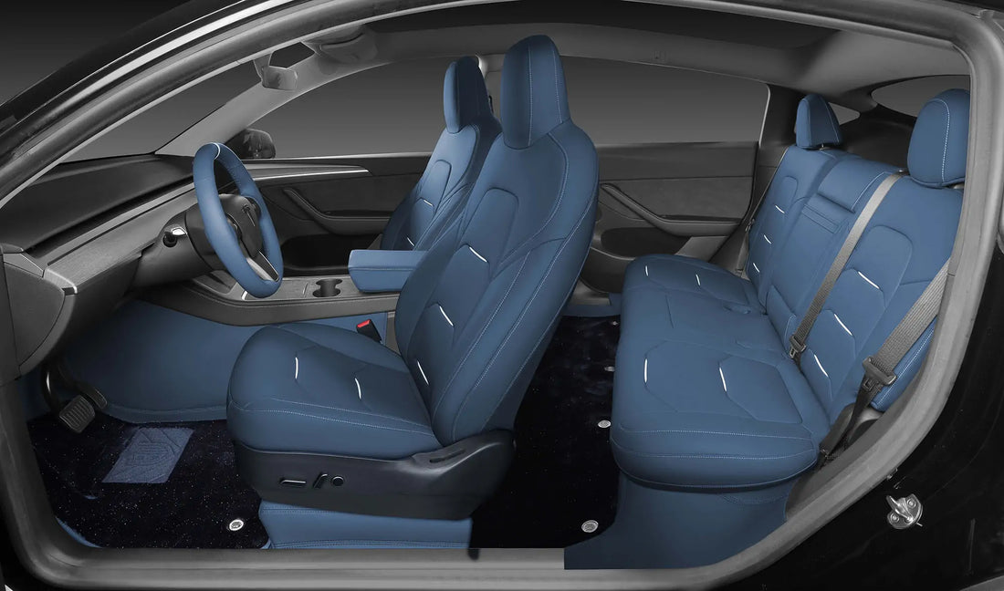 Tesla Model with Premium Nappa Leather Seat Covers Featuring White Piping