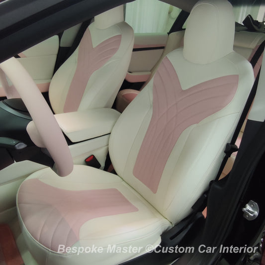 Stylish Pink and White Premium Leather with Embroidery Custom Car Seat Covers For Telsa