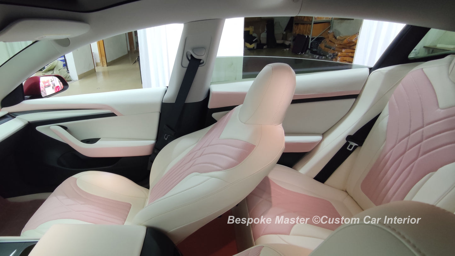 Stylish Pink and White Premium Leather with Embroidery Custom Car Seat Covers For Telsa