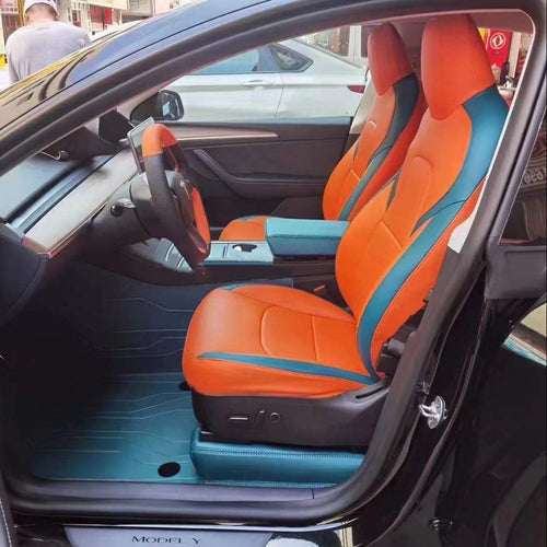 Hermes Orange and blue nappa leather front car seat cover for tesla