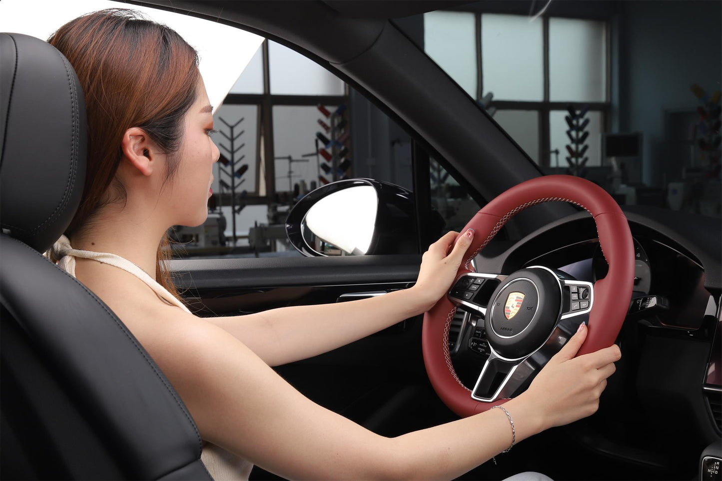 Custom Fit Solvent Free Nappa Leather Pure Red Car Steering Wheel Cover for Porsche