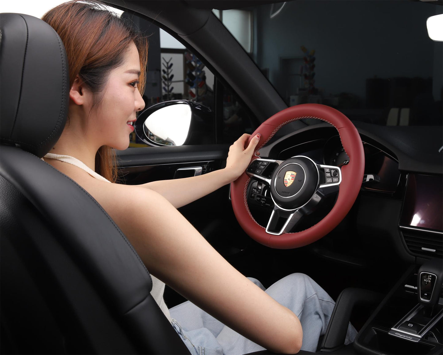 Custom Fit Solvent Free Nappa Leather Pure Red Car Steering Wheel Cover for Porsche