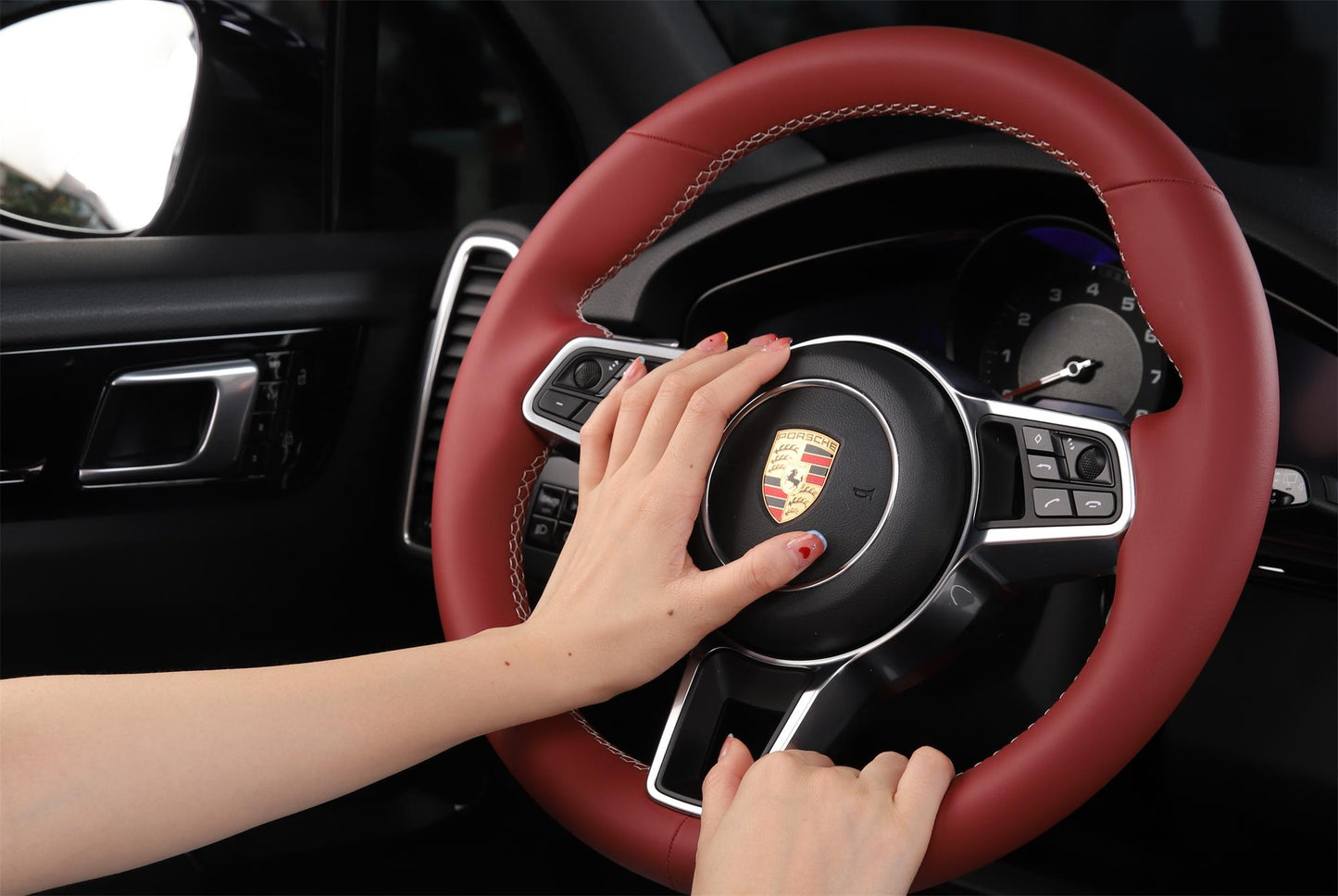 Custom Fit Solvent Free Nappa Leather Pure Red Car Steering Wheel Cover for Porsche