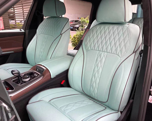 Light green nappa leather with diamond stitching and brown piping seat cover for bmw x7