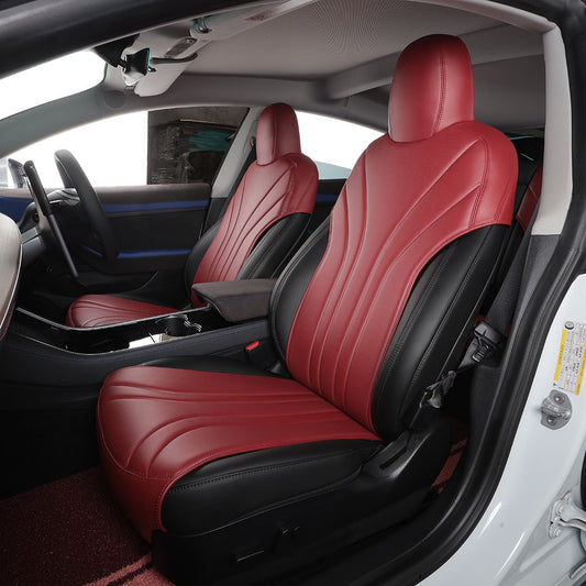 Pure Red Leather Embroidery Half Coverage Seat Cushion for Tesla