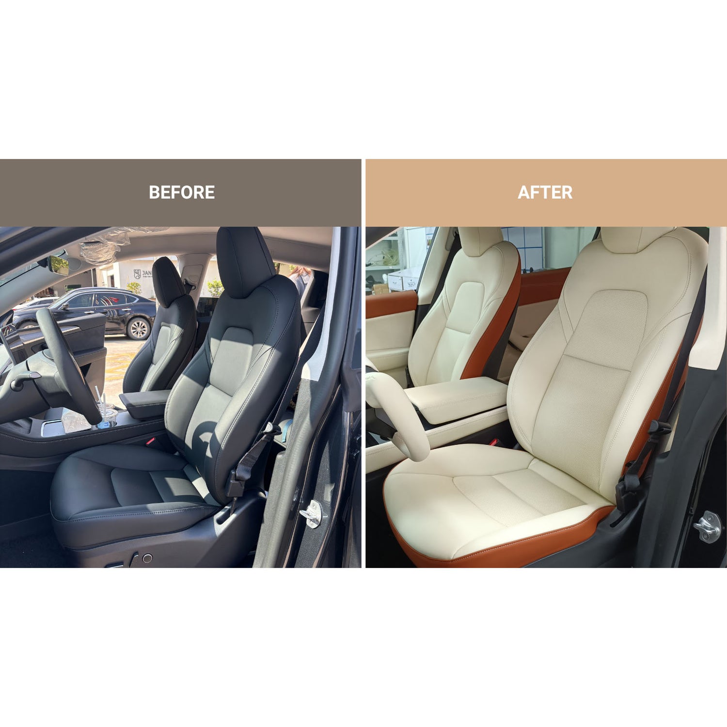 before and after car seat cover for tesla