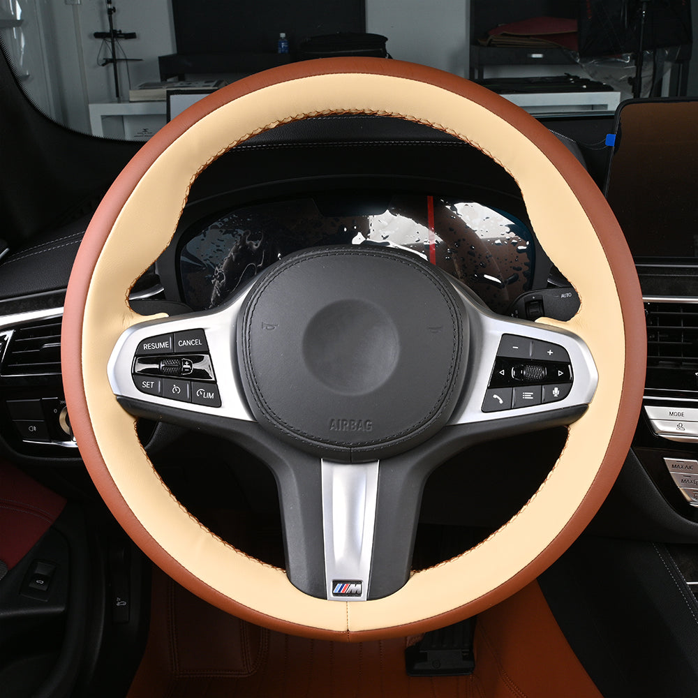 beige and brown nappa leather car steering wheel cover for bmw