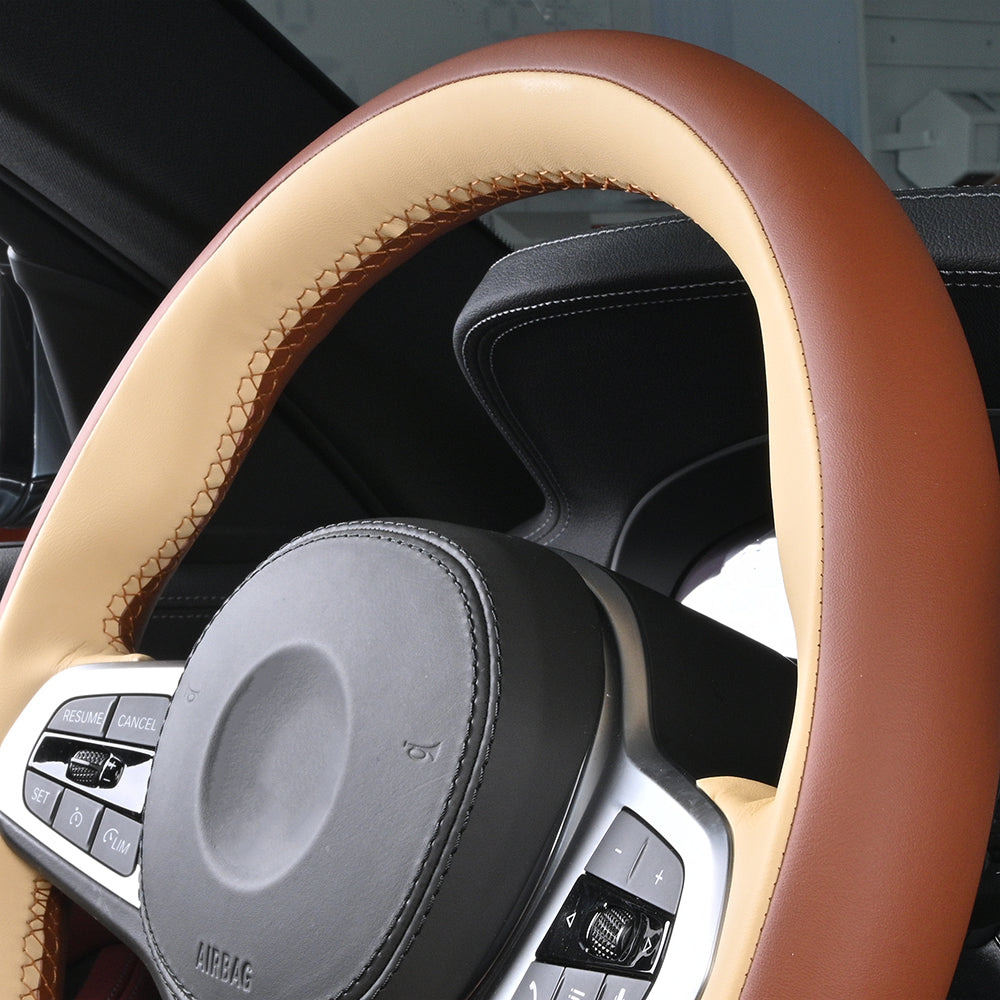 beige and brown nappa leather hand-stitched car steering wheel cover for bmw