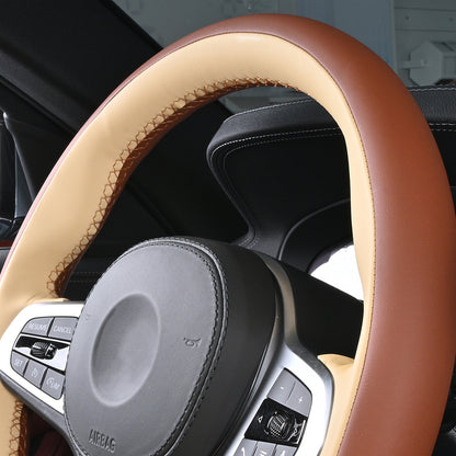 beige and brown nappa leather hand-stitched car steering wheel cover for bmw