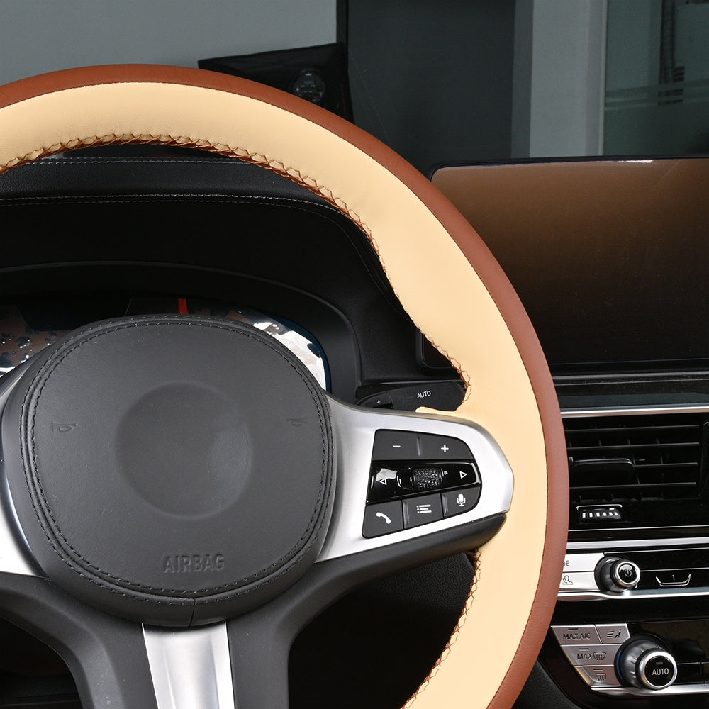 beige and brown nappa leather oem car steering wheel cover for bmw
