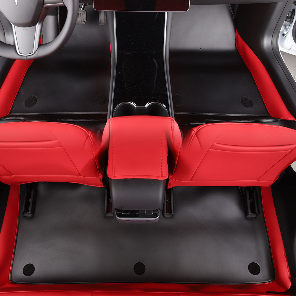 black and red leather car floor mat