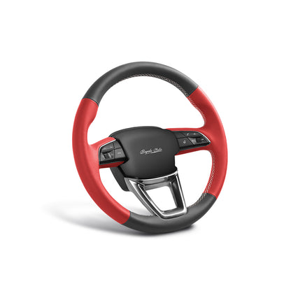 black and red leather hand-stitched steering wheel cover for tesla