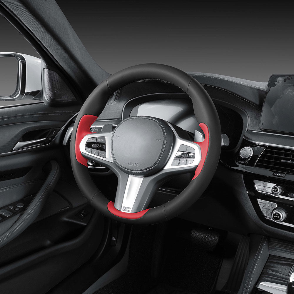 black and red nappa leather custom hand-stitched steering wheel cover