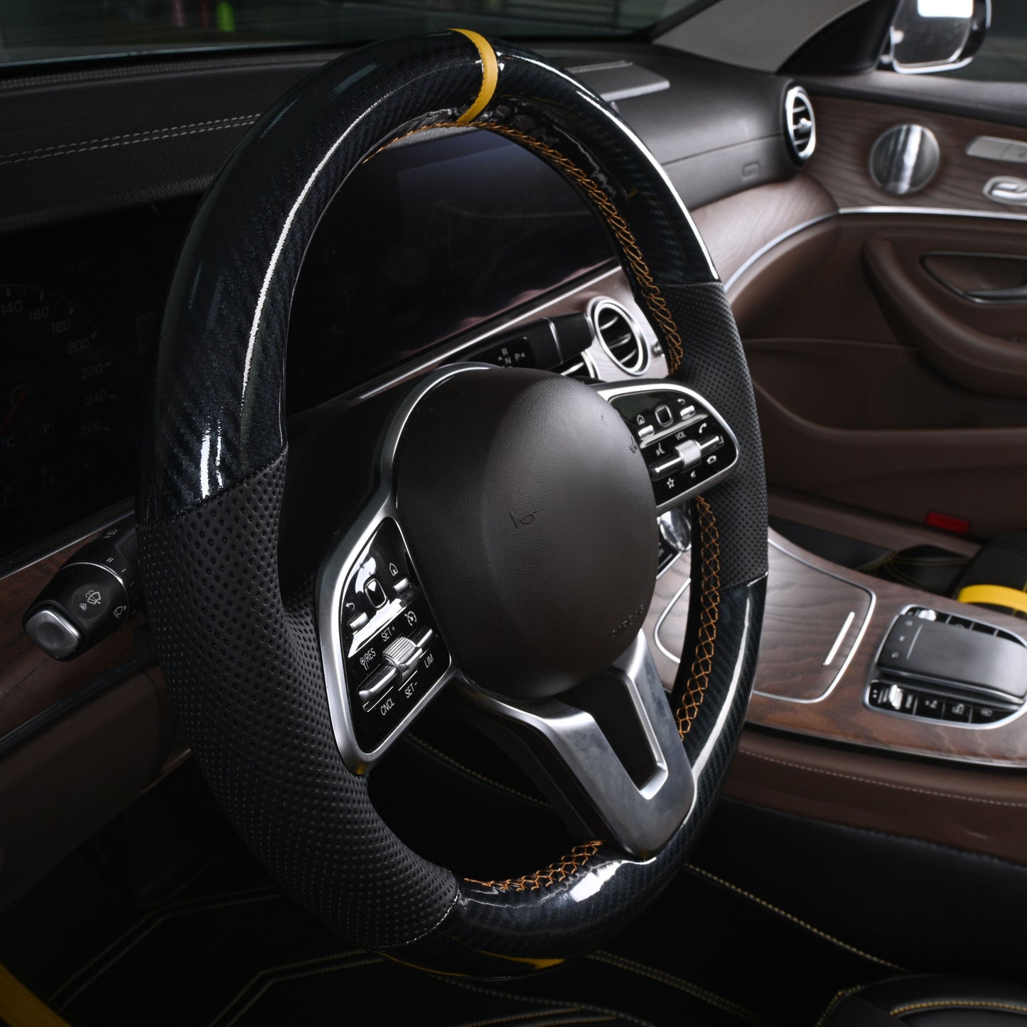 black carbon fiber and black perforated ventilation nappa leather hand-stitched steering wheel cover 