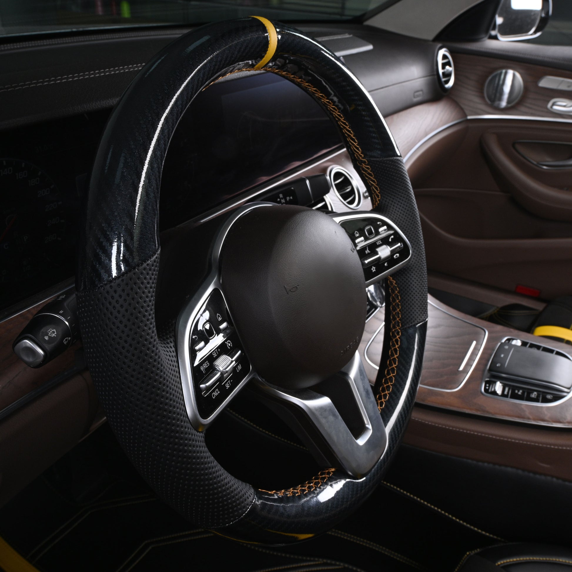 black carbon fiber and black perforated ventilation nappa leather hand-stitched steering wheel cover 