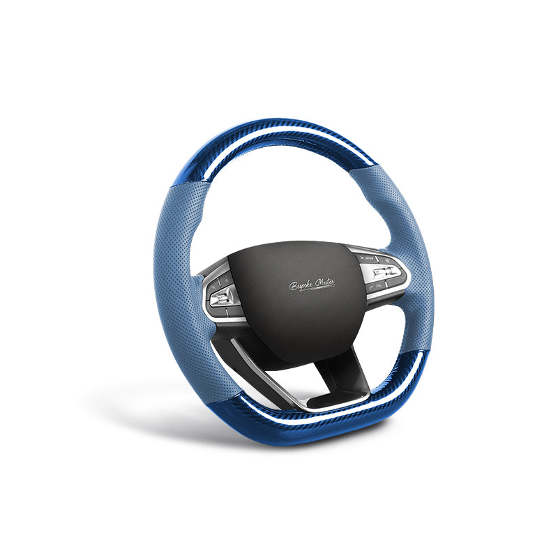 black carbon fiber and blue perforated ventilation steering wheel cover