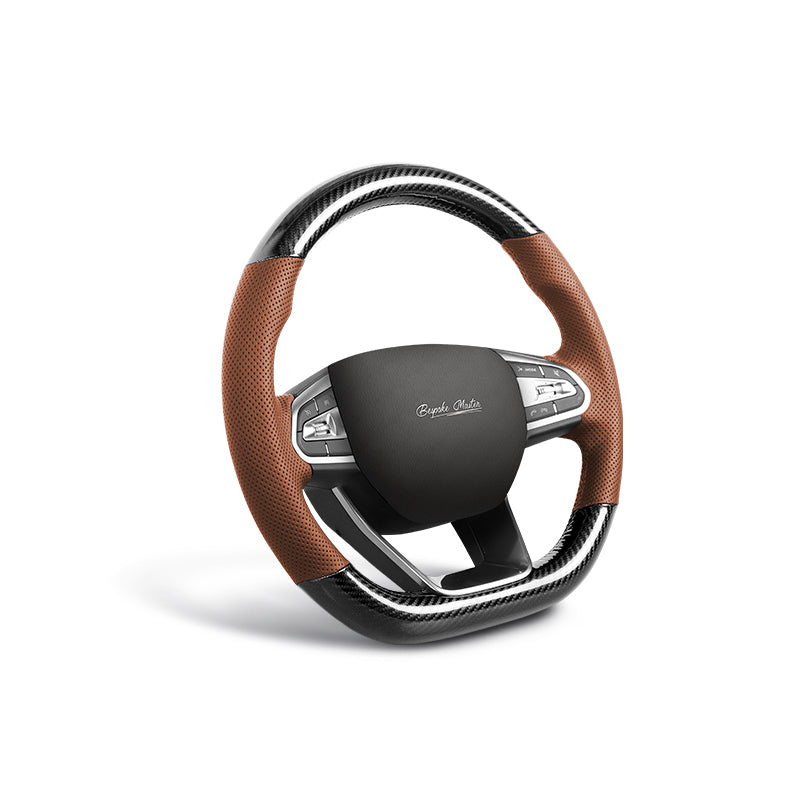 black carbon fiber and brown leather perforated ventilation steering wheel cover