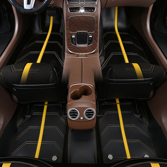 black leather with yellow striped and stitching car floor mat car mat for mercedes-benz