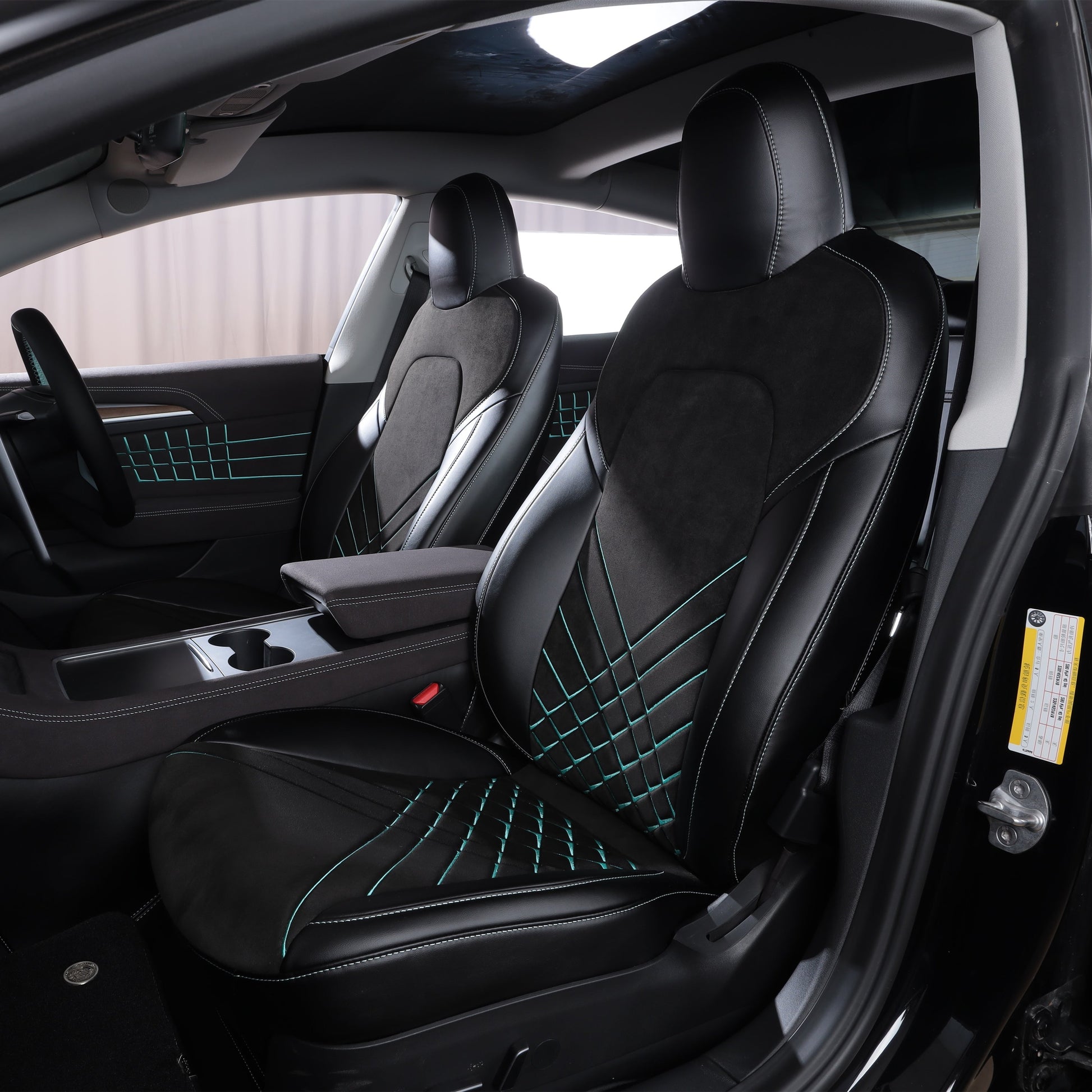 black nappa leather and green stitching car seat cover for tesla