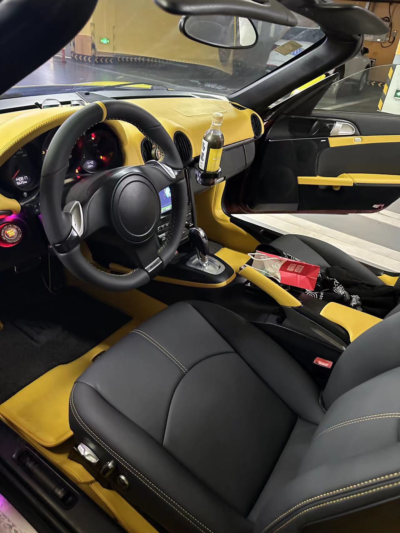 black nappa leather and yellow stitching boxstar seat cover for porsche 