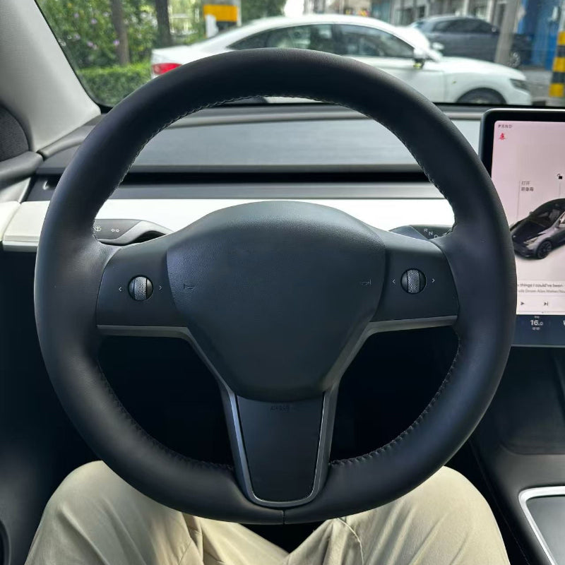 Custom Sweatproof & Anti-Slip Hand-sewn Black Nappa Leather Car Steering Wheel Cover