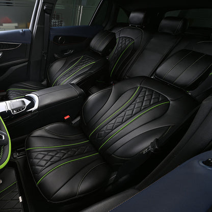 black nappa leather with green stitching and piping seat cover for car
